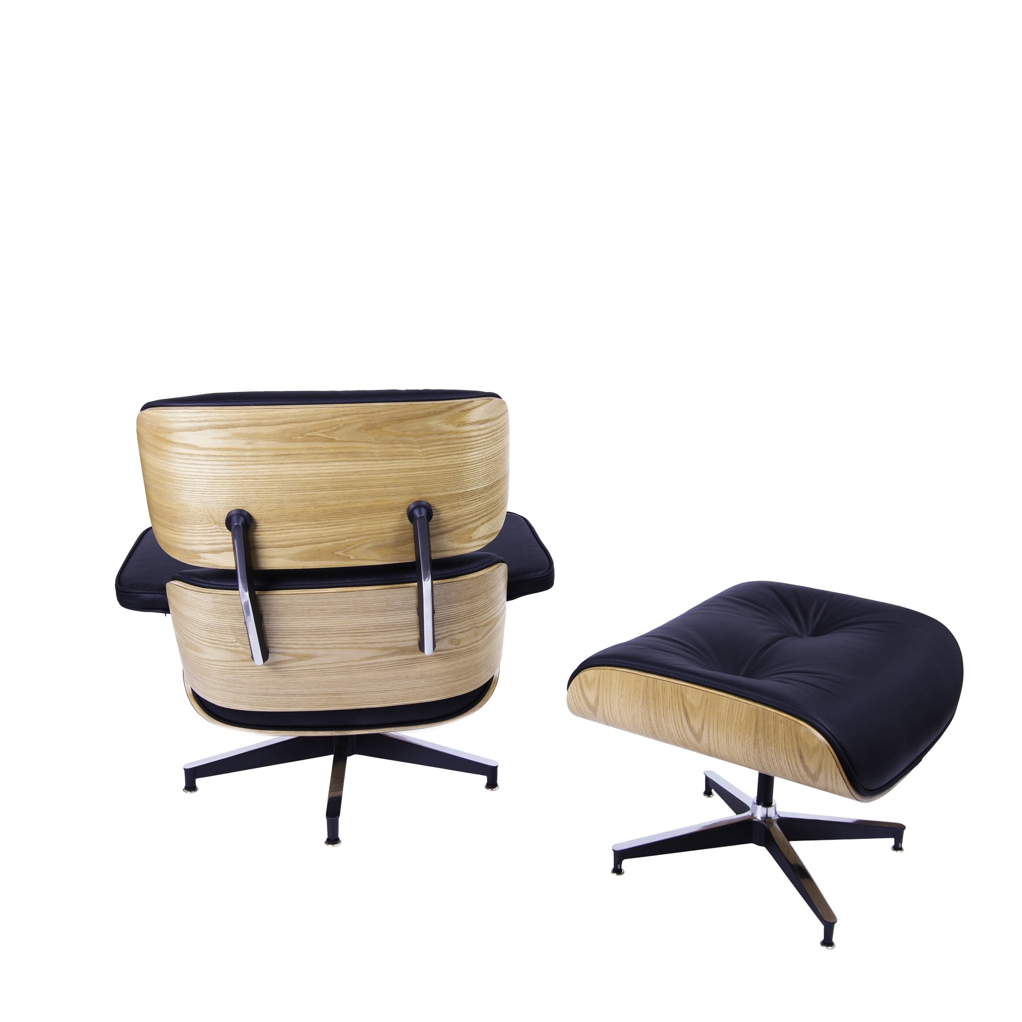 Charles Eames style, Espreguiçadeira com Hocker EA670 preto madeira de freixo Base preta