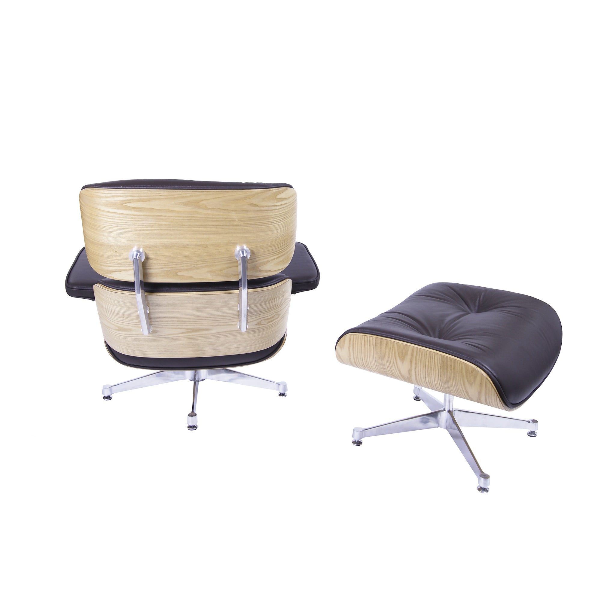 Charles Eames style, Espreguiçadeira com Hocker EA670 marrom madeira de freixo base de polido