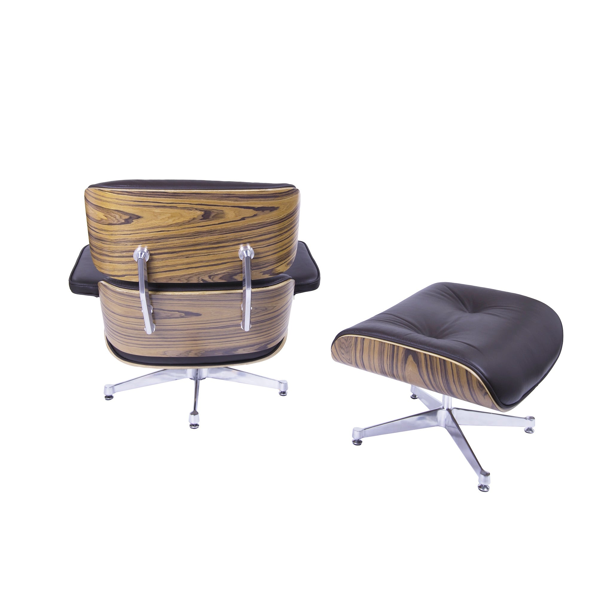 Charles Eames style, Espreguiçadeira com Hocker EA670 marrom Palysander base de polido