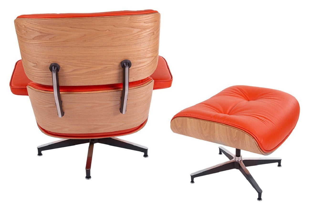 Charles Eames style, Espreguiçadeira com Hocker EA670 SPECIAL EDITION vermelho madeira de freixo Base preta