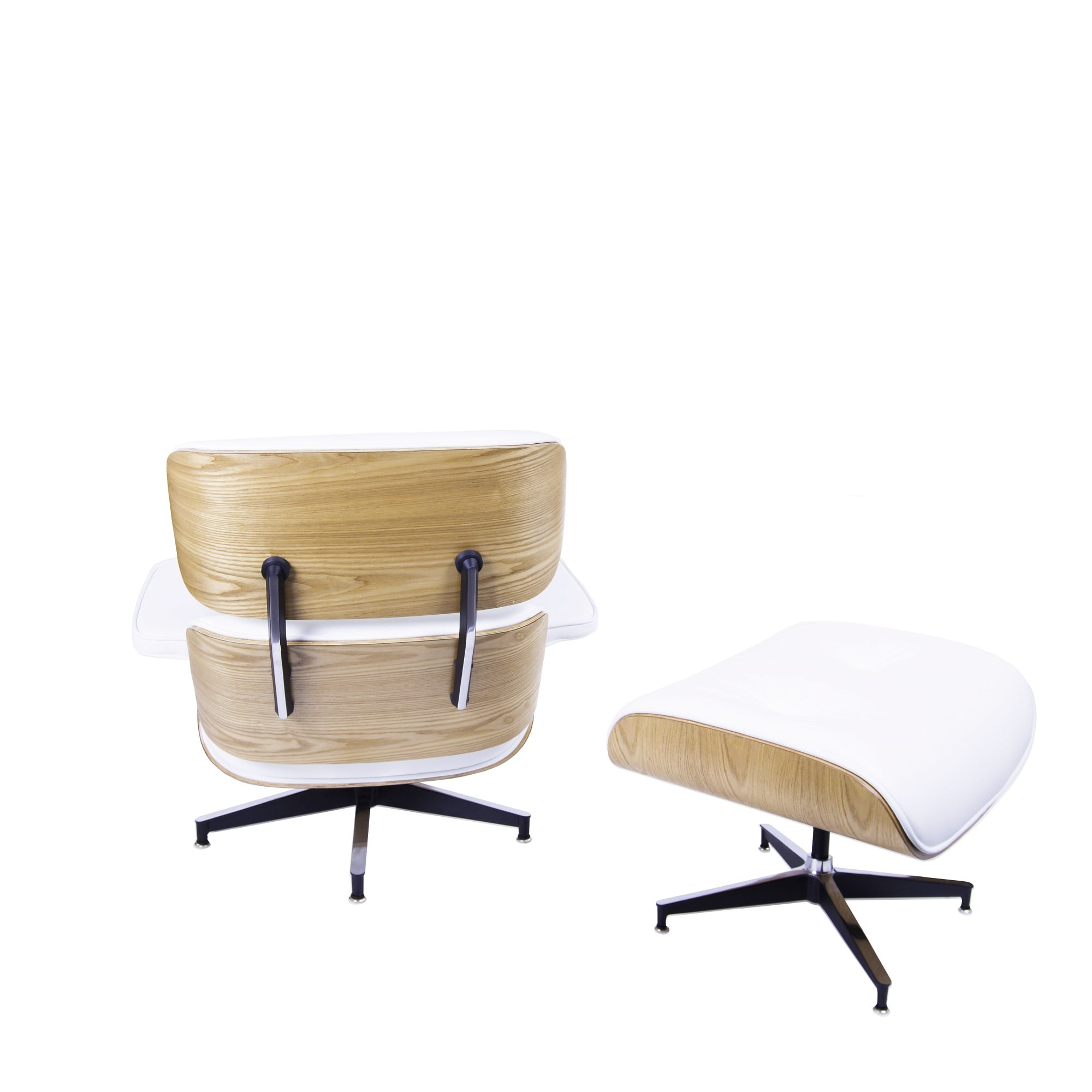 Charles Eames style, Espreguiçadeira com Hocker EA670 branco madeira de freixo Base preta