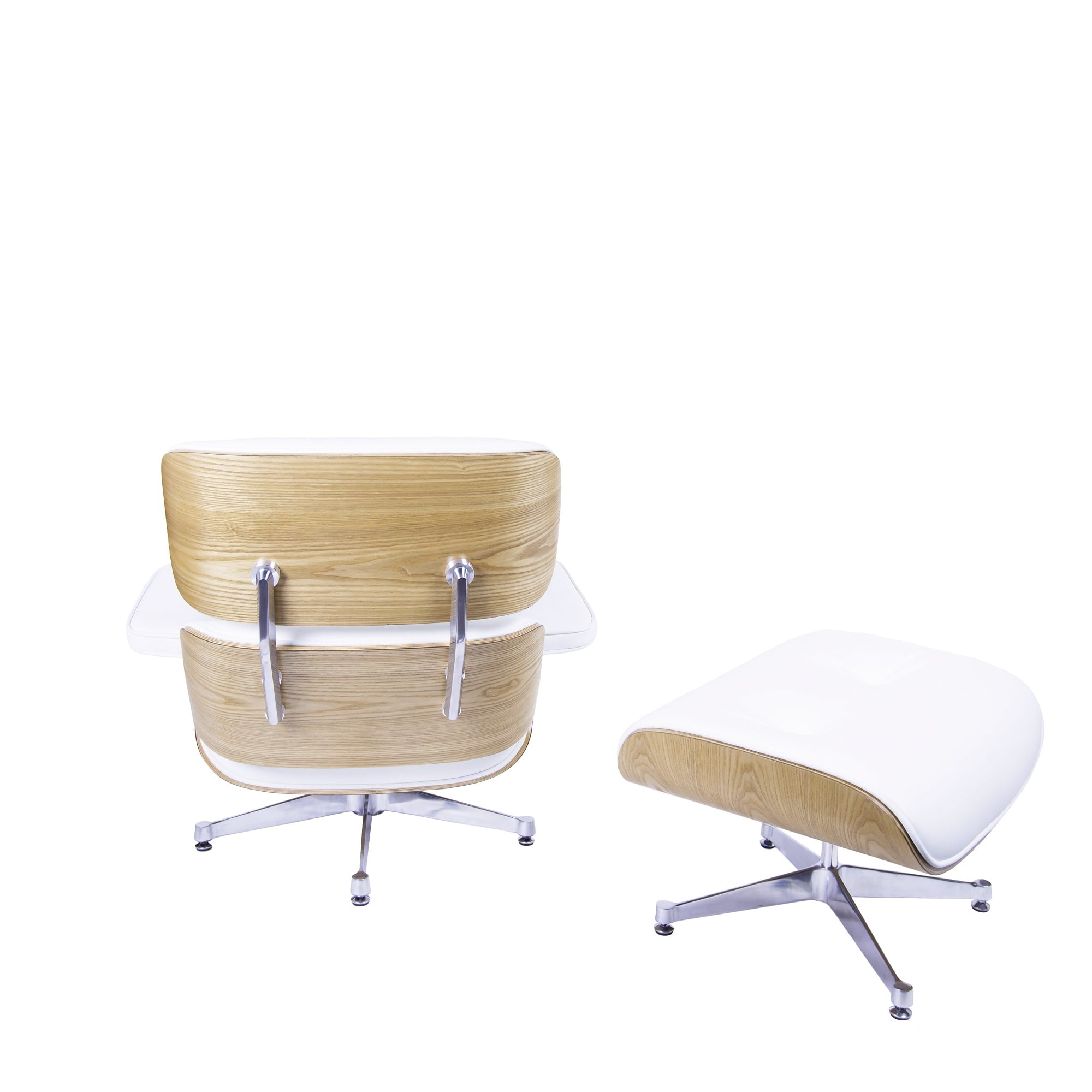 Charles Eames style, Espreguiçadeira com Hocker EA670 branco madeira de freixo base de polido